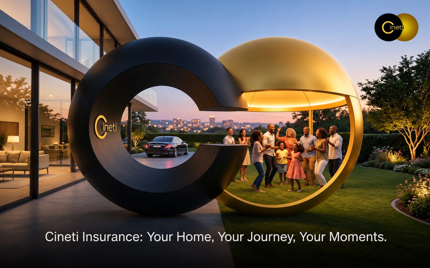 Cineti Insurance ad, “Your Home, Your Journey, Your Moments”: a family celebrates on a lawn at dusk inside a giant black-and-gold Cineti logo sculpture beside a modern home and luxury car