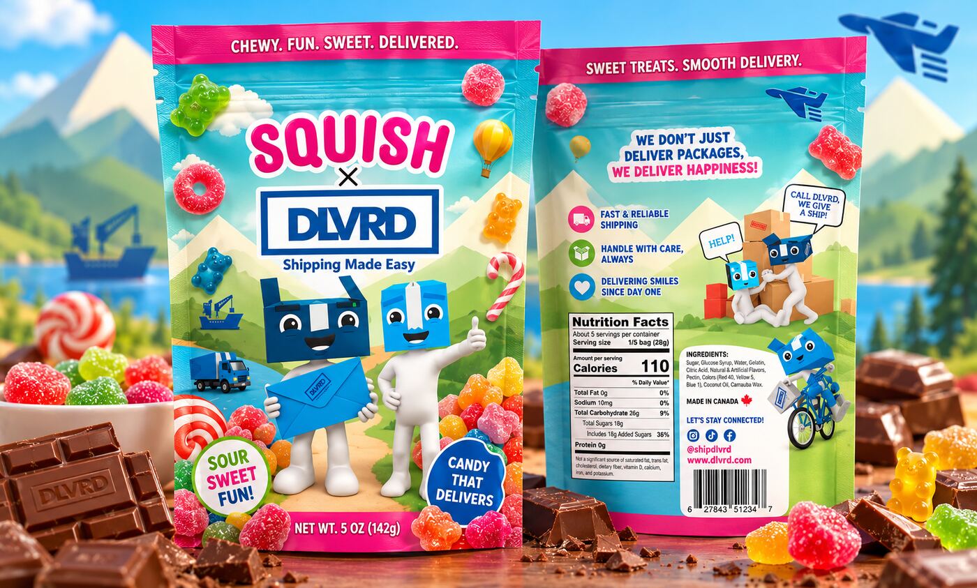 Squish × DLVRD candy pouch mockup, front and back, surrounded by gummies and DLVRD-branded chocolate against a mountain landscape