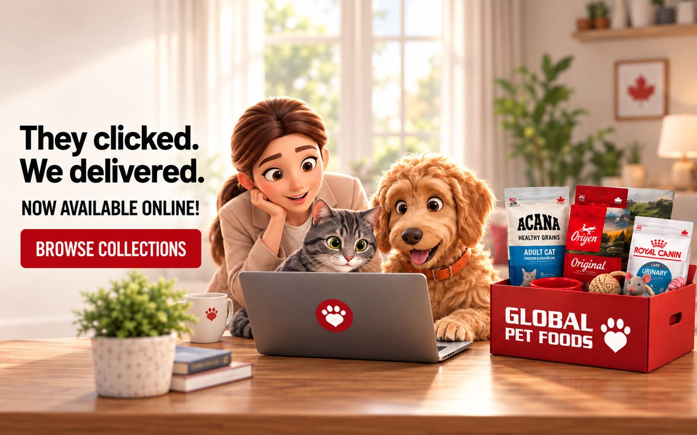 Global Pet Foods ad: a woman, cat and dog shopping on a laptop beside a red Global Pet Foods box of pet food, with the headline “They clicked. We delivered.”